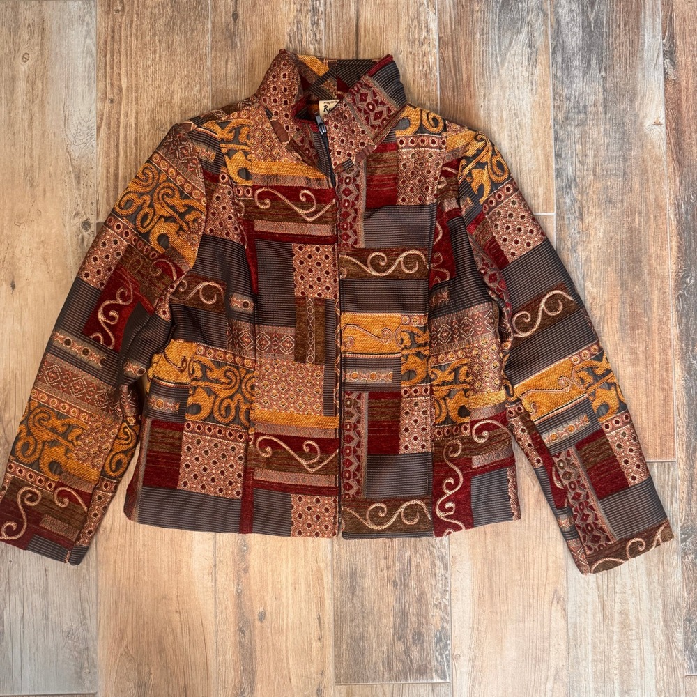 Renaissance Petite PM Tapestry Jacket Patchwork Zip Front Tassel Artsy Multi